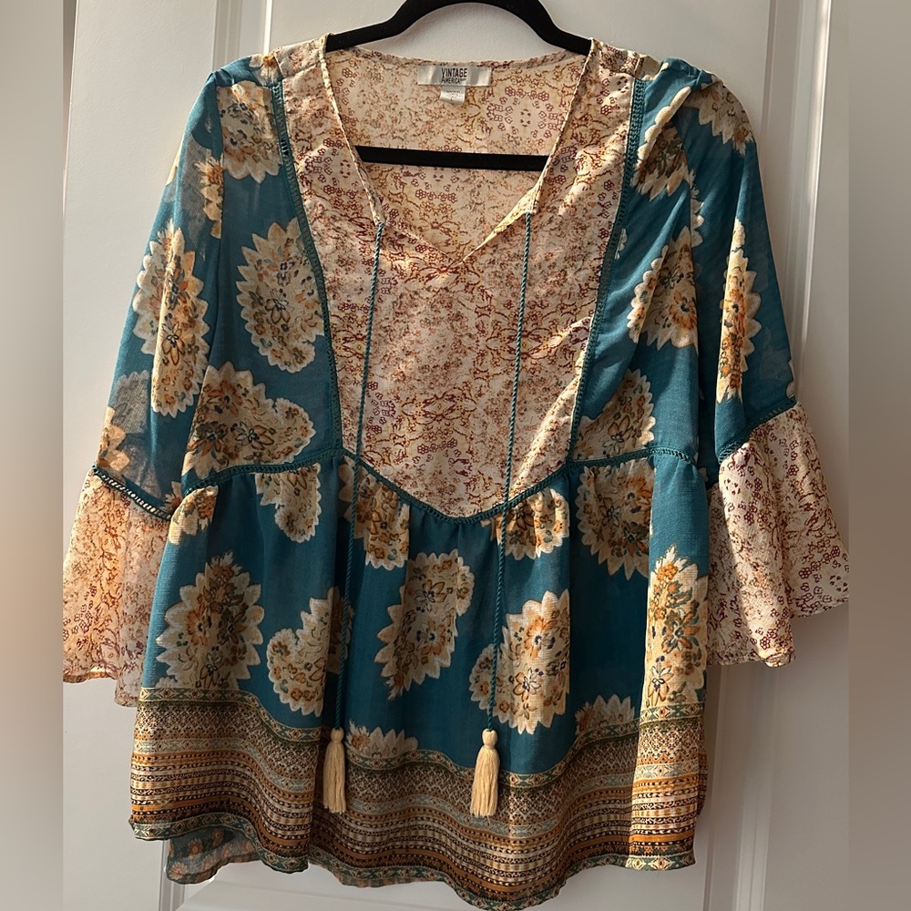 Vintage America Teal and Cream Floral Boho Tunic with Tassels